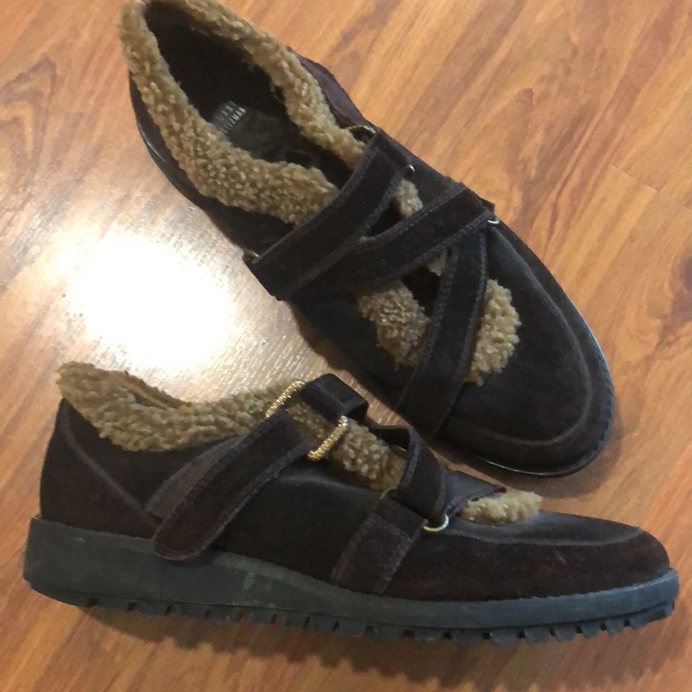Stuart Weizmann fur lined suede brown tanshoes 7.5